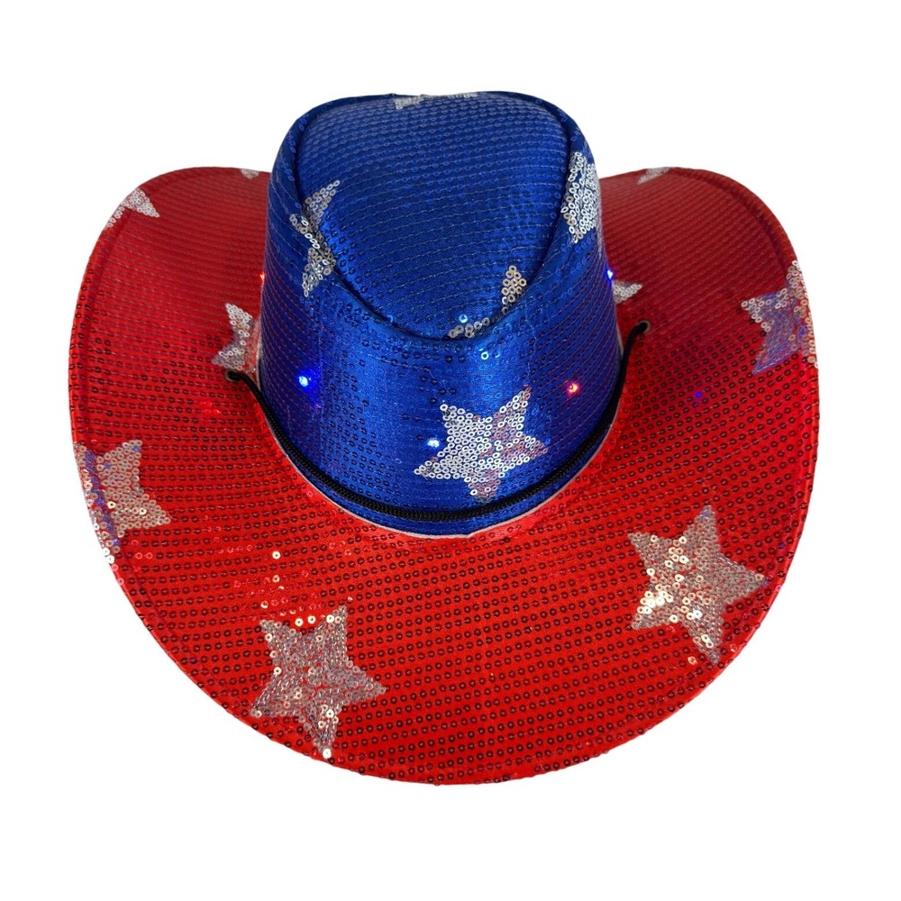 Patriotic LED Light Up Sequin Cowboy Hat Red White Blue Stars 4th of July Party